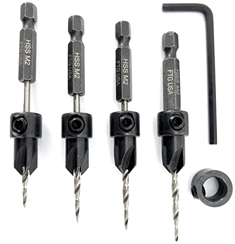FTG USA #4 (7/64") Wood Countersink Drill Bit 4-Pc Set with 3/8" Depth Stop - size: #4, style: 4 Pc with Depth Stop