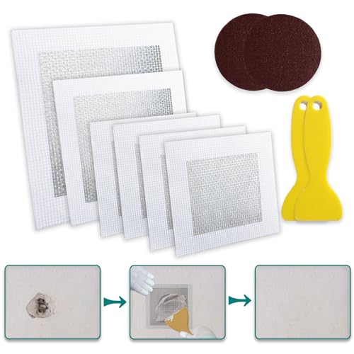 WYIRONG 10 Pack Drywall Repair Kit for Large Holes, 4/6/8 Inch Dry Wall Patch Kits for Erase a Small Nail Hole, Plaster Wall Patching Self Adhesive Aluminum Mesh with Scraper and Sandpaper - style: 10 Pack Drywall Patch Kit