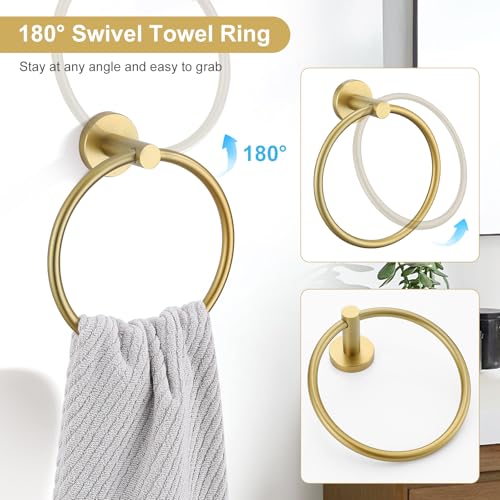 TQKAG Brushed Gold Bathroom Hardware Set 6-Piece Bathroom Accessory Set 23.6 Inch Round Stainless Steel Towel Bar Set Wall Mounted - color: Brushed Gold, size: 6-Pieces Set