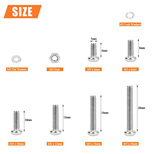 HELIFOUNER 500 Pieces M3 x 6mm /8mm /10mm /12mm /16mm /20mm, Phillips Pan Head Machine Screws, Metric Screws Bolts Washers Nuts Kit, 304 Stainless Steel - size: M3