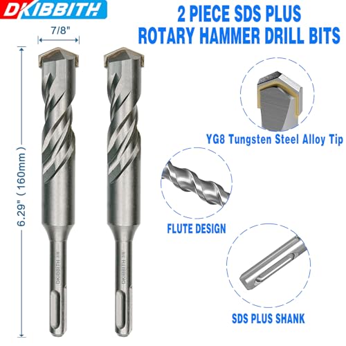 2-Piece 7/8" SDS Plus Drill Bits Rotary Hammer Drill Bit Set, Carbide Tipped for Drilling Concrete Cement Porcelain Tiles Ceramic Pots Stone Brick, Diameter 22mm, 160mm Long, SDS Plus Shank - size: 2 Pcs 7/8", style: 6"