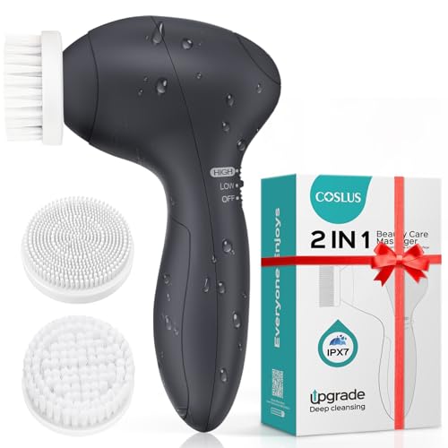 COSLUS Facial Cleansing Brush Face Scrubber, 2-in-1 Rotating Design - color: Light Grey