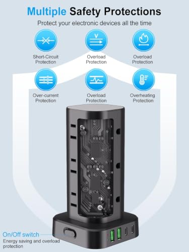 6FT Power Strip Tower Surge Protector, 12 Wide Spaced Outlets, 4 USB - color: Black, size: 6FT without Wireless Charging