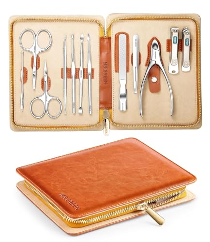 MR.GREEN 12-in-1 Manicure & Pedicure Set – Professional German Stainless Steel Nail Clippers,Cuticle Tools & Nail Care Kit, Travel Grooming Kit for Men & Women with Leather Case (Caramel Brown) - color: Orange