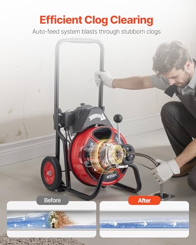VEVOR Drain Cleaner Machine 50 FT x 3/8 Inch, Auto Feed Sewer Snake Auger on Wheels, Portable Drain Cleaning Machine with 4 Cutters & Air-activated Foot Switch for 2" to 4" Pipes - style: 50 FT x 3/8''