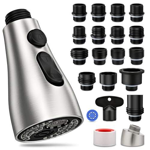 Kitchen Faucet Head Replacement 3 Modes with 17 Adapters, Pull Down Spray Head for Kitchen Faucet, Kitchen Sink Faucet Head G 1/2, Sprayer Head Replacement, Compatible with Moen，Delta, Kohler Faucets - color: Brushed Nickel with 17 Adapters