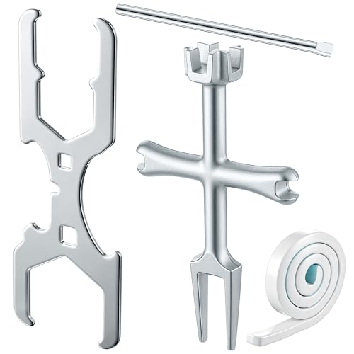 4 Sided Drain Strainer Wrench and 3 Way Plumbers Wrench Set, Heavy Duty Sink Drain Tool for Tub Removal, Basket Strainer Installation, Fits 1-3/4, 2, 2-1/2 Inch Nuts, with Silicone Putty