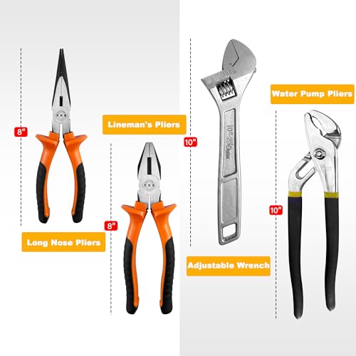 4-Piece Large Pilers and Wrench Set,10 Inch Groove Joint Pliers and Adjustable Wrench with 8 Inch Long Nose and Lineman's Pliers for Home Use and DIY Project - style: 4 Pack 8" & 10"