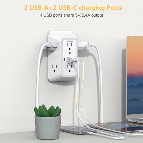 Wall Outlet Extender with Night Light, Power Plug Adapter 6 Outlet Extender with 4 USB Charging Ports 1050J Power Strip Multi Plug Adapter Spaced for Home Travel Office (2U2C)-ETL - color: White-1Pcs