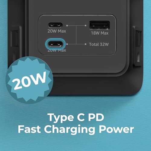 Travel Depot 5-Outlet Wall Outlet Extender with Surge Protector, (Black) | 2 USB-C PD & 1 USB-A Charging Ports, 32W Fast Charging, Multi Plug Wall Adapter, 3-Sided Design for Home & Office - color: Black