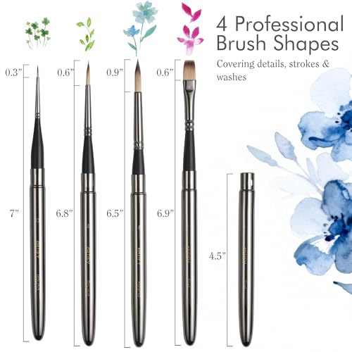 Artify Travel Watercolor Brushes, Outdoor Paint Brushes, Water Color Paint Brush Set with Anti-Rust Polished Metallic Gray Finish, Painting Brushes for Watercolor Gouache Ink - Gift for Artist (4PCS) - size: 4PCS