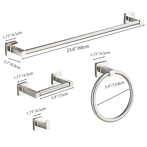 Brushed Nickel Bathroom Hardware Set 4 Pieces,Bathroom Accessories Set Stainless Steel Wall Mounted, Hand Towel Bar, Towel Ring, Robe Towel Hooks,Toilet Paper Holder,Towel Bar Set, 23.6 Inch - color: Brushed Nickel-4pcs, size: 23.6Inch