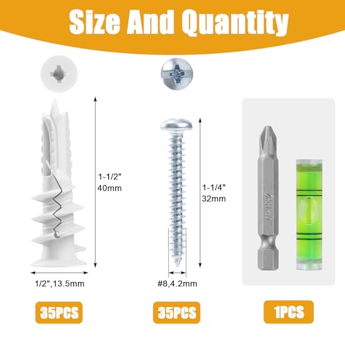 KURUI #8 Self Drilling Drywall Anchors and Screws, Heavy Duty Dry Wall Anchors Holds Upto 75LB, Picture Hanging Kit, No Pre-Drilling, for Mounting Shelves,Frames,Curtains,Clocks - 70Pcs