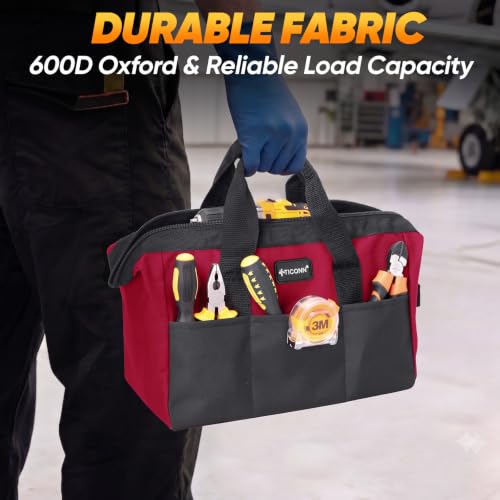 TICONN Heavy Duty Tool Bag Organizer, Small Tool Box with Ergonomic Handle - color: Red, size: 12" Basic Version