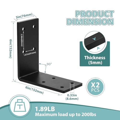 Heavy Duty L Right Angle Bracket 6"x6", 2 PCS 90 Degree Black Steel Corner Brackets, DIY L Shelf Brackets, Metal Joint Timber Connector Support for Wood Shelves, Furniture