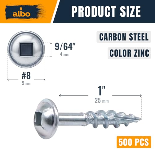 ALBO 500 PCS #8 x 1 Pocket Hole Screws, Heavy Duty Carbon Steel, Zinc Coated, Square Drive Wood Screws for Strong Wood Joinery, Cabinets & DIY Projects - color: Silver, size: #8 x 1"