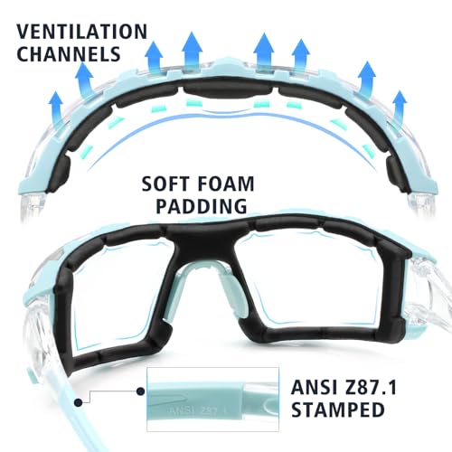 UKNOW Safety Glasses - Anti Fog Wraparound Lenses - Removable Foam Gasket - ANSI Z87.1 Protective Eyewear - Impact Resistant - color: Celeste