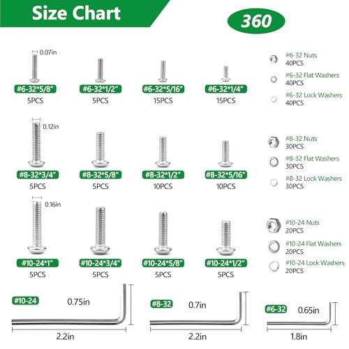 360Pcs Machine Screws #6-32#8-32#10-24 Bolt Nut Washer Kit,304SS | for Electrical Switch Boxes, Wall Socket Outlets & Faceplates, 10 Metric Sizes (M4 x 6mm to 30mm) - size: 360Pcs #6-32#8-32#10-24