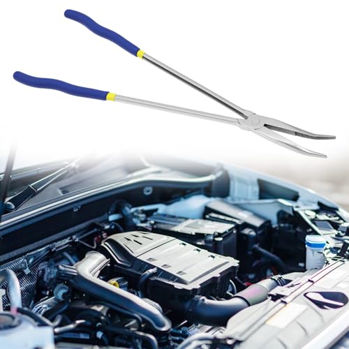 QWORK 16 Inch Long Reach Needle Nose Pliers, 45 Degree Angled Tip, Extra Long Handles, Tight Serrated Jaws for Narrow Spaces, Automotive Mechanic & Machinery Maintenance