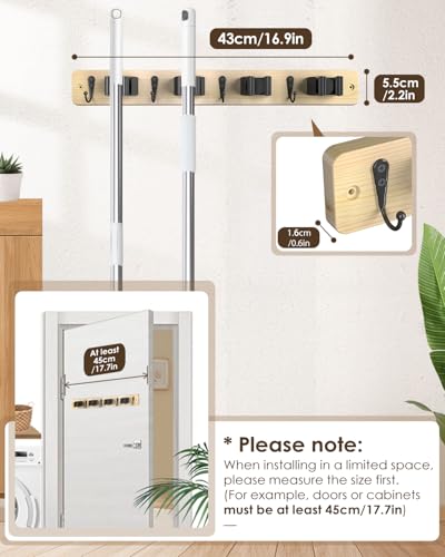 AceMining Light Wood Broom Holder Wall Mount, 4 Holders 4 Hooks Mop Holder - color: Light Wood, size: 1 Pack