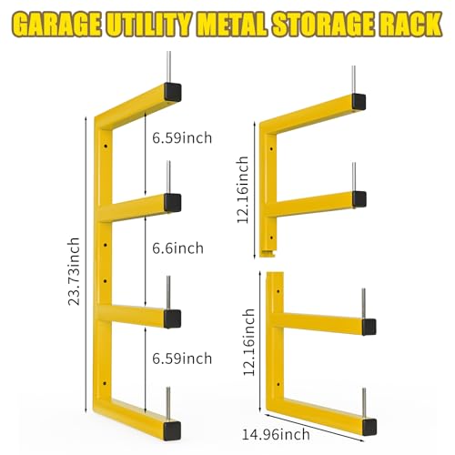 2-Pack Lumber Storage Rack, Wood Storage Racks Wall Mount, Heavy Duty Garage Wood Organizer with 4-Level System, Yellow Utility Rack Organization Up 800 Lbs, Metal Lumber Shelf for Indoor and Outdoor - color: Yellow, size: D– 2 Pack, 4-Tier
