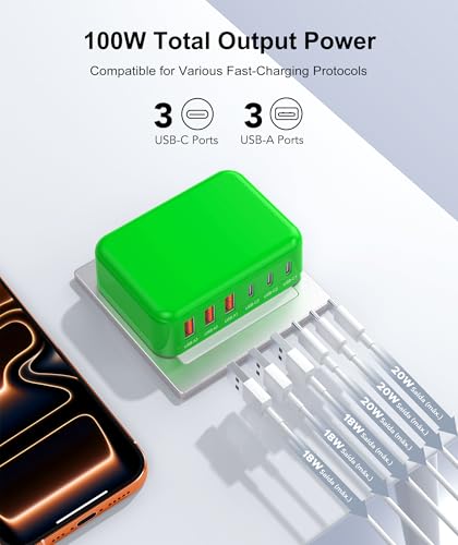 Fast Charger Block, 100W 6 Port Charging Station Hub Cube, Power Strip Plug - color: Green