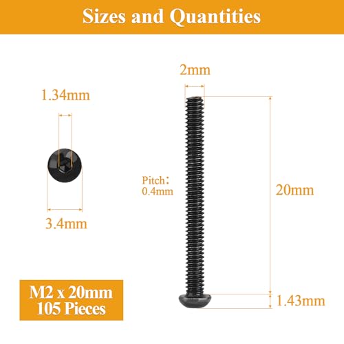 105 Pieces M2 x 20mm Button Head Socket Cap Screws, Thread Pitch 0.4mm, Sutemribor M2 Black Screws, 10.9 Grade Alloy Steel, Black Oxide Finish, Fully Threaded - size: M2 x 20mm, style: Button Head