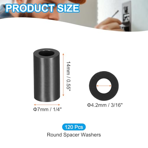PATIKIL 120Pcs ABS Spacers 4mm ID, 7mm OD, 14mm Height Plastic Round Stud Spacer Black Nylon Washers Nut Unthreaded Rubber for M4 Screws Bolts Barrel - size: 4mm ID, 7mm OD, 14mm Height