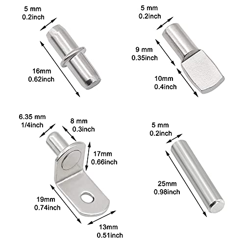 104Pcs Shelf Pins Kit,4 Styles Nickel Plated Shelf Support Pegs,Bookshelf Pegs for Shelves,Cabinet Shelf Bracket Pegs Shelf Pins Holders for Kitchen Furniture & Closet ( 5mm & 1/4inch ) - style: 4 Style-Silver-104 Pcs
