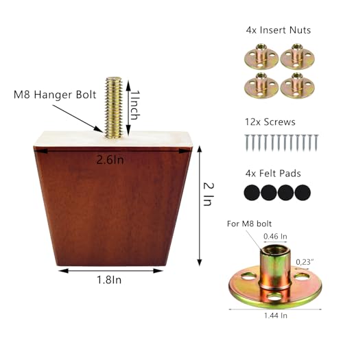Michanco 2 inch Sofa Legs Square Furniture Feet Screw in Wood Replacement Leg Set of 4 for Ottoman Couch Armchair Recliner - size: 2 Inch Walnut