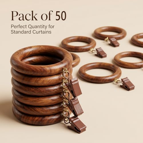 50 Pieces Large Wooden Drapery Curtain Rod Rings with Clips for 2 inch to 2.5 inch Rod Pole, 2.7 inch Inner Diameter, Natural Rosewood (50, 2.7 INCH Inner Dia) - size: 2.7 INCH Inner Dia