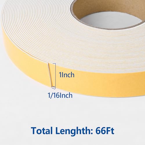 Kikerike Self Adhesive Foam Tape Weatherstrip 1in x 1/16in x 66Ft High Density Foam Insulation Strips Seal Weather Stripping with Strong Adhesive for Door and Window Sound Isolation Soundproofing - size: 1in x 1/16in x 66Ft
