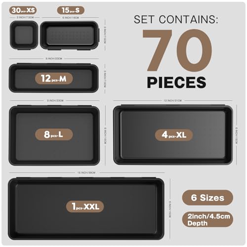 A-LUGEI【70】【6 Size】Tool Box Organizer Tray Divider Set, 【Black】 Desk Drawer Organizer, Garage Organization and Storage Toolbox Accessories Rolling Tool Chest Cart Cabinet WorkBench Small Part - size: 70pcs-6 Size