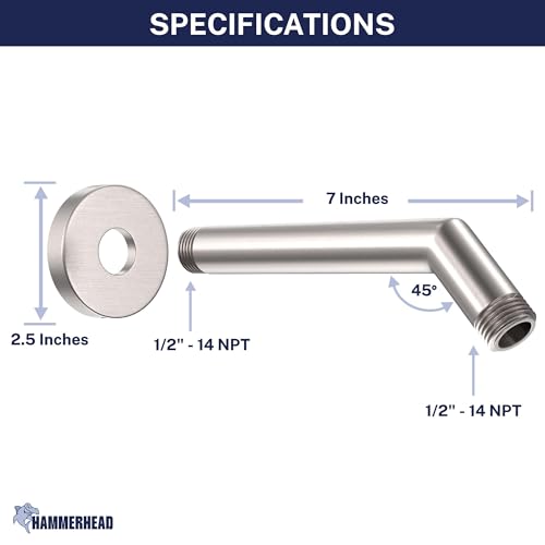 HammerHead® Solid Metal Shower Arm and Flange - 7.5 Inch 304 Stainless Steel Extension Pipe - Universal Shower Head Arm with Flange and Locking Screw, Brushed Nickel - color: Brushed Nickel