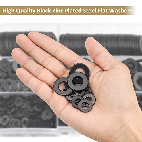 800 Pieces Black Zinc Plated Steel Flat Washers, Fender Washers, Kindroufly 7 Sizes Flat Washers, Lock Metal Washers Assortment Kit (M3 M4 M5 M6 M8 M10 M12)