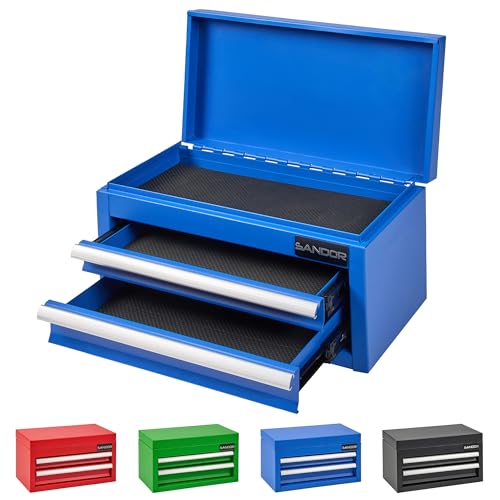 Mini Tool Box - Metal Tool Chest with 2 Drawers & PVC Drawer Liners - Blue - color: Blue