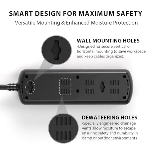 Outdoor Power Strip Weatherproof IPX6, Waterproof Surge Protector with 3 Wide-Spaced Outlets, Flat Plug Heavy Duty Extension Cord for Garden Patio Garage, Wall Mountable, 13A 1625W (Black, 6FT) - size: 6FT