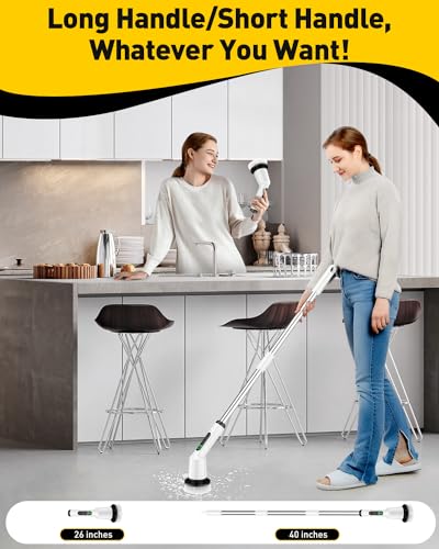 Electric Spin Scrubber for Bathroom, Shower Scrubber with Long Handle - color: White, size: 3 Brush Heads