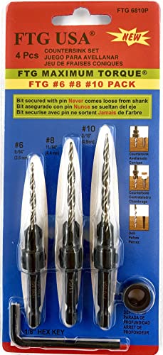 FTG USA 3 Pc Wood Countersink Drill Bit Set #6#8#10 with 3/8" Depth Stop - size: #6#8#10, style: with Depth Stop