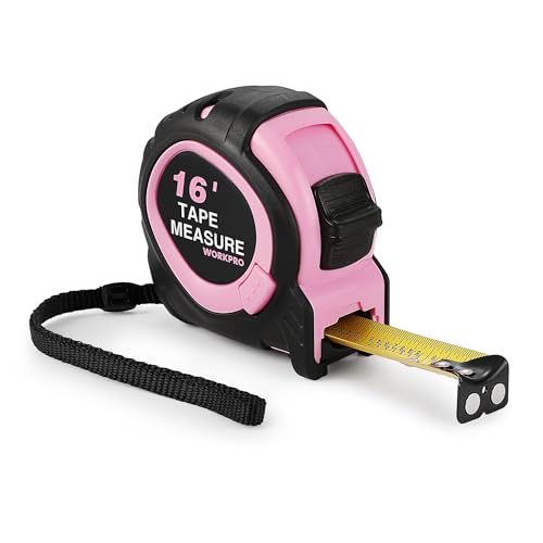 WORKPRO 16-FT Tape Measure with Fractions, 3 Brakes Retractable Measuring Tape, Compact Measurement Tape with Magnetic Hook, Nylon Coating Blade Accuracy 1/32”, Pink - size: 16-FT