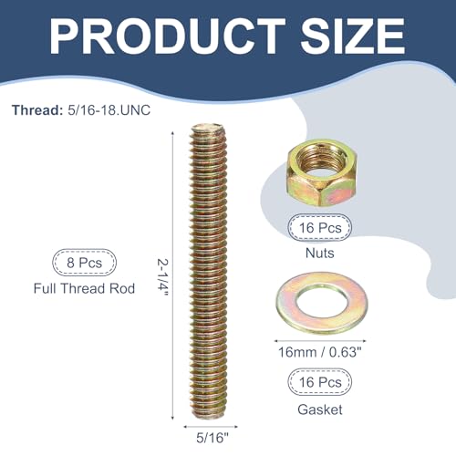 PATIKIL 5/16" x 2-1/4" Color Zinc Fully All Thread Rod, 8 Pcs Carbon Steel Long Threaded Screw Stud Bolts for Furniture Garden Mounting Assembly Fastening - size: 5/16" x 2-1/4"