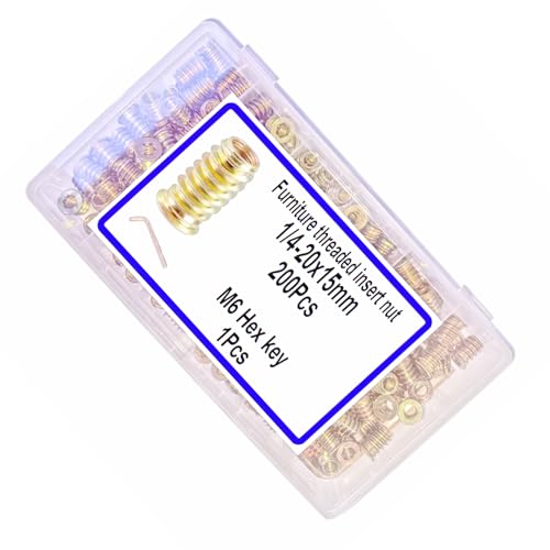 200pcs Threaded Inserts for Wood, 1/4"-20x15mm Screw in Nut with Hex Wrench - size: 1/4"-20 x 15mm