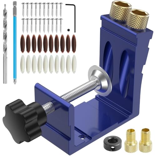 Pocket Hole Jig Kit Adjustable 15 Degree Angle Drill Guide with Clamp and Screws for Woodworking(Blue)