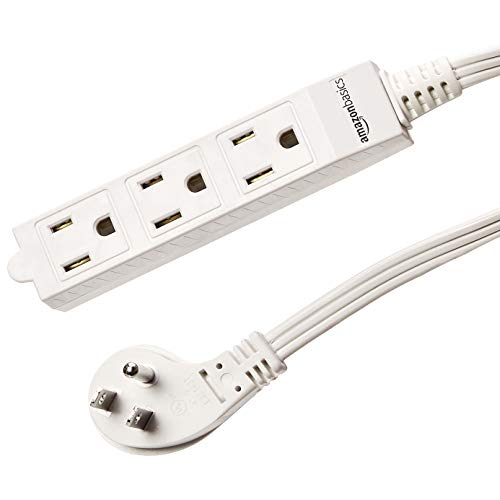 Amazon Basics 3-Prong Indoor Rectangle Extension Cord Power Strip, Flat Plug, Space-Saving, Grounded, 3 Outlets, 13 Amps, 125 VAC, 3 ft, White, 2-Pack - size: 3 ft