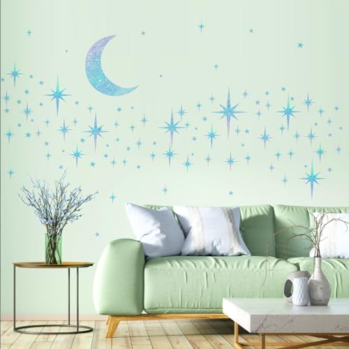 Retro Star Moon Wall Decals Sparkle Art Stickers Mid Century Modern Decor - color: Blue Star and Moon