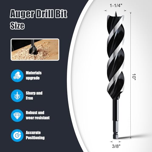 1-1/4" x 10" Auger Drill Bit for Wood,Hex Shank Tri Flute Drill Bit - size: 1-1/4"x10"