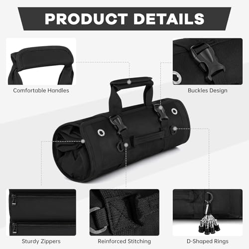 ANILD 15.5 Inch Large Long Tool Bag Roll Up, Roll Up Tool Bag Organizer - color: Black, size: Large