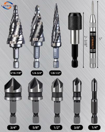 9 PCS M35 Cobalt Steel 4 Flute Step Drill Bit Set, Hex Unibit with Countersink Bits, Center Punch for Home Metal Aluminum Steel Wood Working - color: Silver Black
