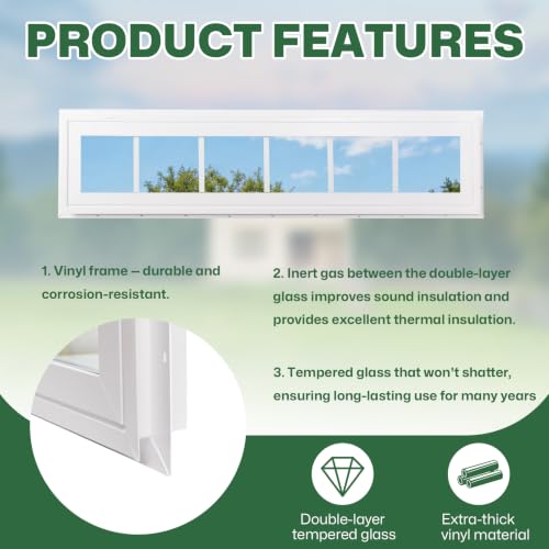 NeatiEase Vinyl Transom Window, 12" x 42" Fixed Glass Household Windows with Grids and Dual-pane Tempered Glass for House, Shed, Doors, Garage, Chicken Coop, Basement (White) - size: 12"x42"