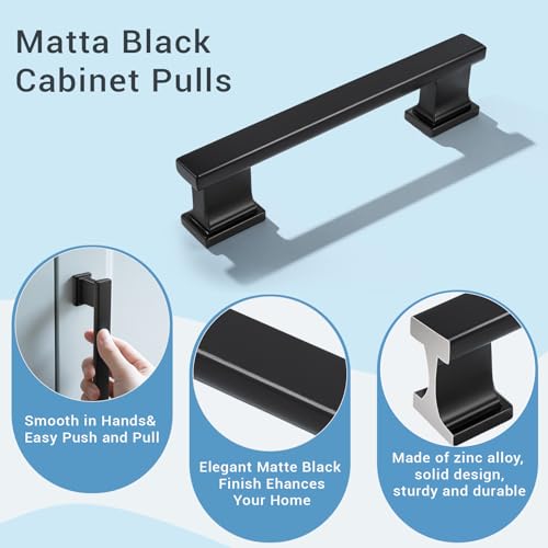 KNOBWELL 6 Pack Matte Black Solid Cabinet Pulls 3-3/4 Inch(96mm) Hole Center Kitchen Cabinet Handles,Cabinet Hardware for Cupboard Drawer Pulls - color: Matte Black, size: Hole Center：3-3/4 inch（96mm）